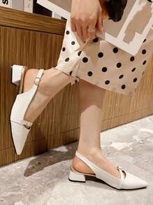 Fashionable Simple Style Pointed Toe Chunky Heeled Women's Flat Shoes With Decorative Strap Valentines