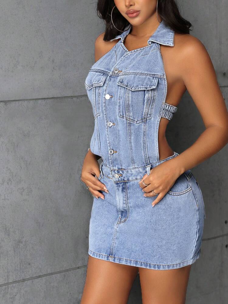 Women's Denim Halterneck Backless Dress