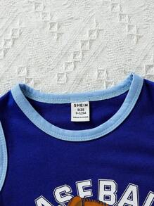 SHEIN Playful Pals 男嬰3入組休閒運動棒球圖形口號印花背心連體褲，夏季款 - 彩色 - 查看 5