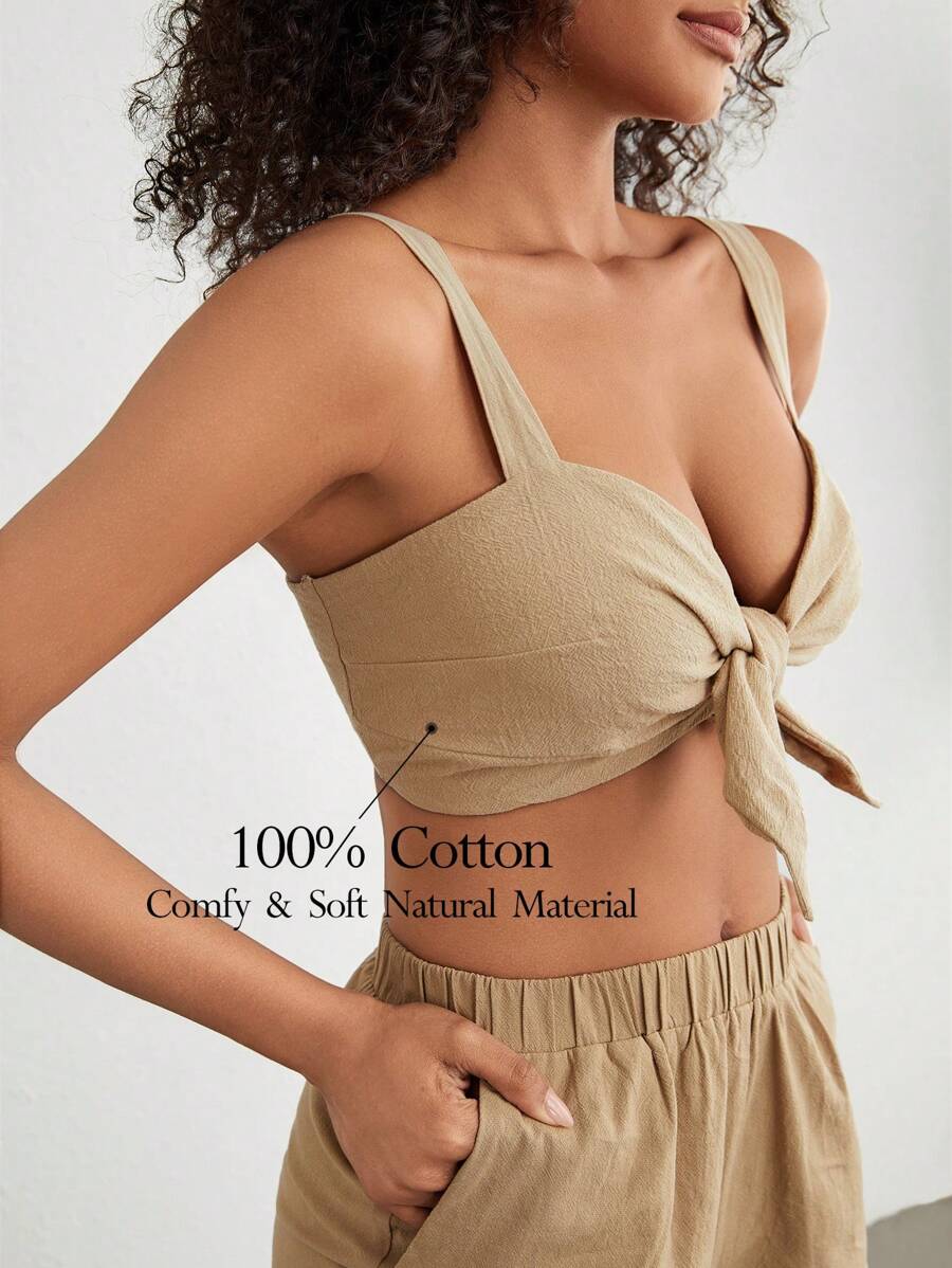 Ocili Women Lounge Tops Dasi Depan Plain Seksi - Unta - View 1
