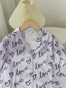 SHEIN Tween Girl Heart Pattern Silk Elegant Quality Woven Home Wear 3pcs/Set - Purple - View 5