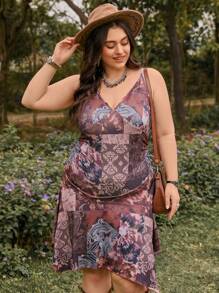 Dreamara 大码时尚印花 V 领细肩带不对称连衣裙 - 棕色 - 查看 4