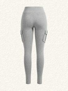 SHEIN EZwear 女性休閒灰色針織緊身長褲,附有口袋