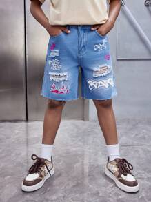 SHEIN Tween Boy Washed Casual Ripped Fashion Printed Denim Shorts - Blue - View 1