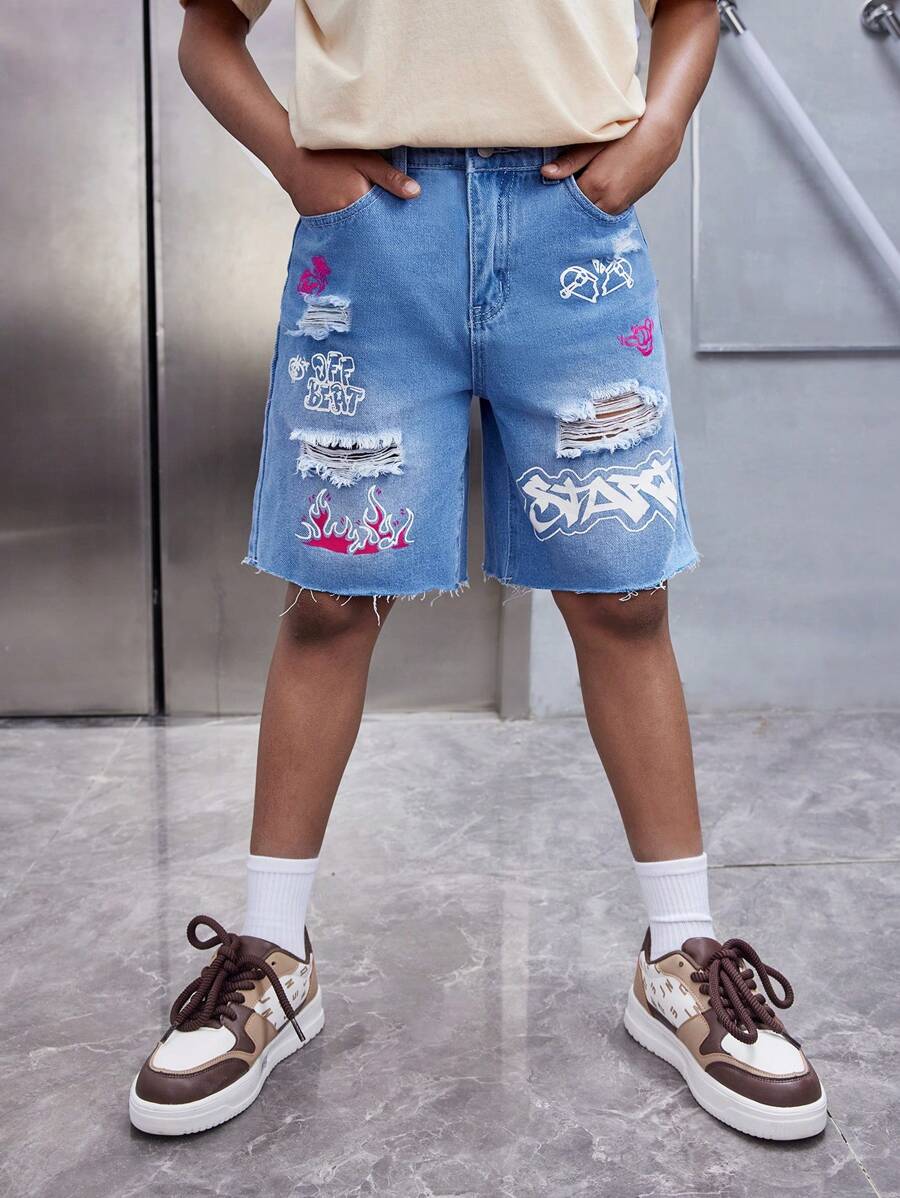 SHEIN Tween Boy Washed Casual Ripped Fashion Printed Denim Shorts - Blue - View 1