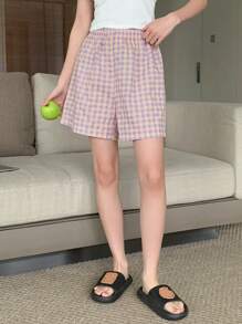 DAZY 女士时尚舒适格纹睡衣短裤夏季睡衣裤 - 紫色 - 查看 6