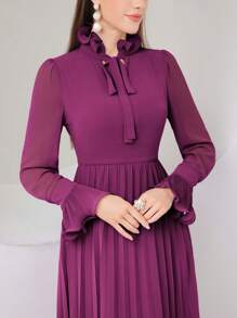 Modelyn Của phụ nữ Mùa xuân/Mùa hè Thanh lịch Dài Đầm Với thắt lưng , Tay áo dài Và Xếp li - Màu đỏ tím - Xem 7