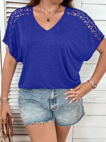 SHEIN LUNE Plus Size Solid Color Lace Insert Batwing Sleeve T-Shirt For Summer - Blue - View 4