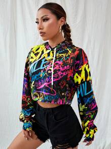 Muchica Graffiti Print Drop Shoulder Drawstring Hoodie - Multicolor - View 4