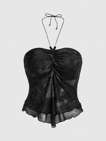 Hippie Top De Cuello Halter Con Pliegues En El Escote Para Mujer, Casual De Verano