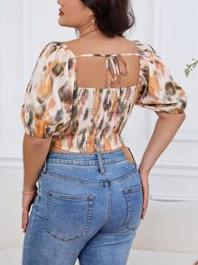 SHEIN Privé 夏季優雅浪漫的短袖襯衫，魚骨裝飾和流動的抽象花卉圖案，方領，適合大號女性 - 適合旅行和約會的完美穿搭 - 橘色 - 查看 2