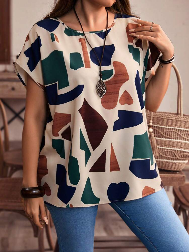 Plus Size Women Fashionable Color-Blocked Short Sleeve Linen Blouse, Mother's Day, Summer,Spring/Vacation