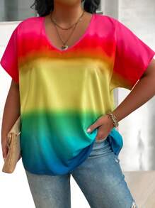 SHEIN LUNE Blusa Holgada Con Manga De Murciélago Ombre Arcoíris Con Cuello En V De Talla Grande