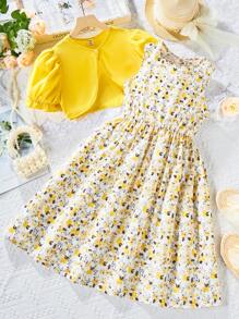 SHEIN Vintaside Kids Tween Girl Ditsy Floral Sleeveless Waist-Cinched Vacation Dress And Solid Color Bubble Sleeve Cardigan 2pcs/Set - Multicolor - View 10