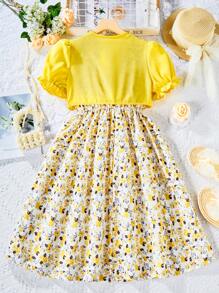 SHEIN Vintaside Kids Tween Girl Ditsy Floral Sleeveless Waist-Cinched Vacation Dress And Solid Color Bubble Sleeve Cardigan 2pcs/Set - Multicolor - View 2