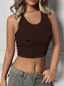 SHEIN Unity 夏季條紋運動修身背心,帶有有趣的字母印花 - 棕色 - 查看 4