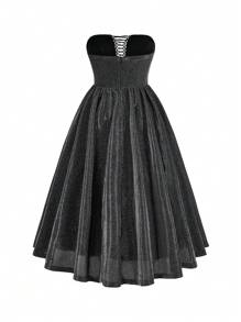 SHEIN Belle Elegant And Atmospheric Black Fine Shiny Glossy Woven Tube Top With Deep V-Neck Adjustable Straps Hollow High Waist A-Line Birthday Party Date Vacation Wedding Event Cocktail Dress, Semi Formal Dress - Black - View 3