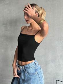 SHEIN EZwear Camiseta De Tirantes Corta Sin Espalda Y Ajustada Con Un Solo Color Para El Verano - Negro - Ver 3