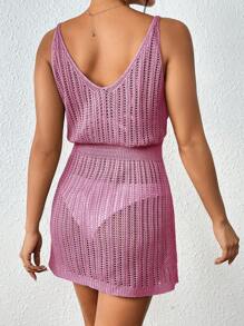 SHEIN Swim 夏季海灘純色透視無袖露背連身遮陽衣 - 中紫紅色 - 查看 2