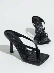 Women's Summer New Black High Heels, Thin Heels, Flat Heels, Slip-On Sandals, Fashionable Square Toe Slippers, Outdoor Wearable Slippers