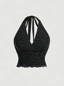 SHEIN MOD Áo yếm hở vai lưới đàn hồi lấp lánh dự tiệc màu đen cỡ lớn - màu đen - Xem 1