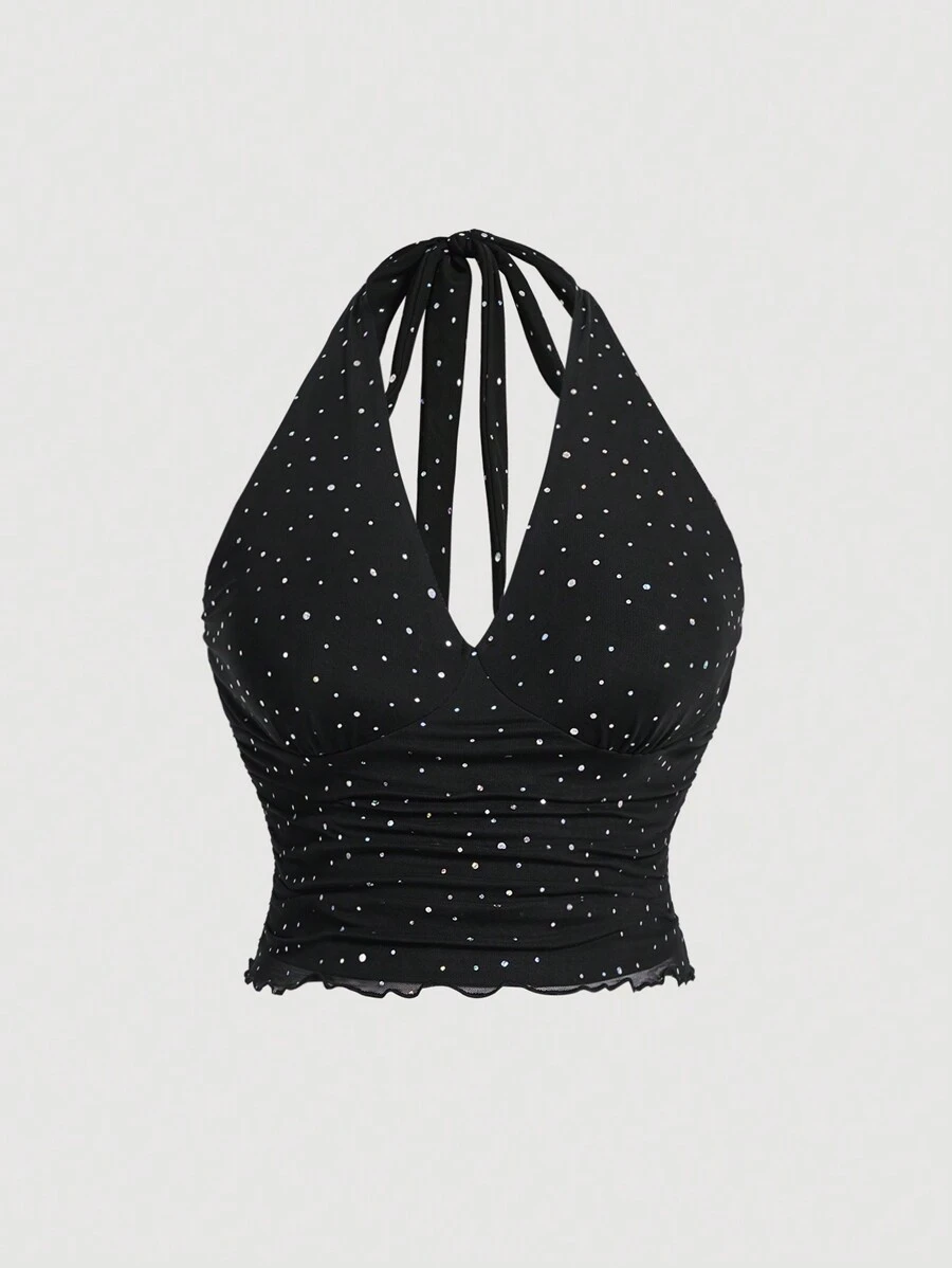 SHEIN MOD Áo yếm hở vai lưới đàn hồi lấp lánh dự tiệc màu đen cỡ lớn - màu đen - Xem 1