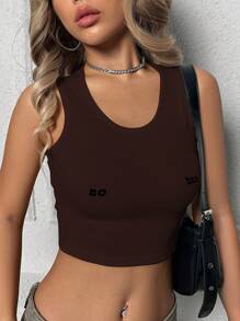 SHEIN Unity 夏季條紋運動修身背心,帶有有趣的字母印花 - 棕色 - 查看 3