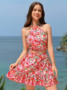 SHEIN 少女編織花紋交叉領口背心和荷葉邊裙子套裝