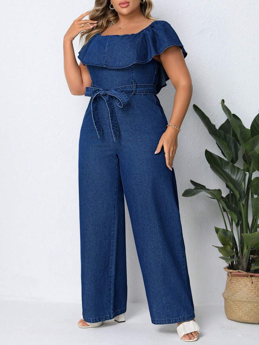 SHEIN Privé Plus Size Square Neckline Ruffle Trim Belted Denim Jumpsuit - Dark Wash - View 1