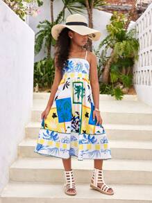 SHEIN Tween Girls' Casual Spring/Summer Woven Floral Printed Spaghetti Strap Dress For Vacation