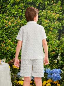 SHEIN Elegant Textured Shirt And Shorts Set For Tween Boys - White - View 2