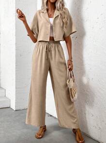 SHEIN LUNE 女士假日亚麻短袖衬衫和裤子套装休闲女士休闲纽扣结短袖宽松卡其色落肩衬衫裤子女两件套春夏休闲日常装 - 卡其色 - 查看 4