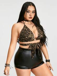 ROMWE Grunge Punk Plus Size Leopard Print Strappy Cami Top With Sexy Tie Design