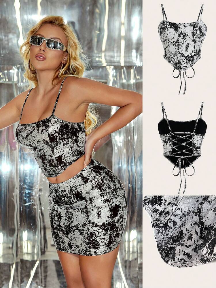 Silver Shiny Silver Denim Effect Textured Fabric Bra Structure With Cross Straps At The Back And Cropped Camisole Top Music Festival Western Wear Women Festival Birthday Spring Summer Women Bachelorette Party