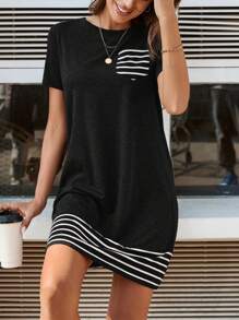 EMERY ROSE 運動風女士條紋印花圓領連衣裙,附帶口袋 - 黑色 - 查看 3