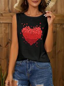 SHEIN EZwear 女式夏季心形印花圓領休閒背心上衣 - 黑色 - 查看 6