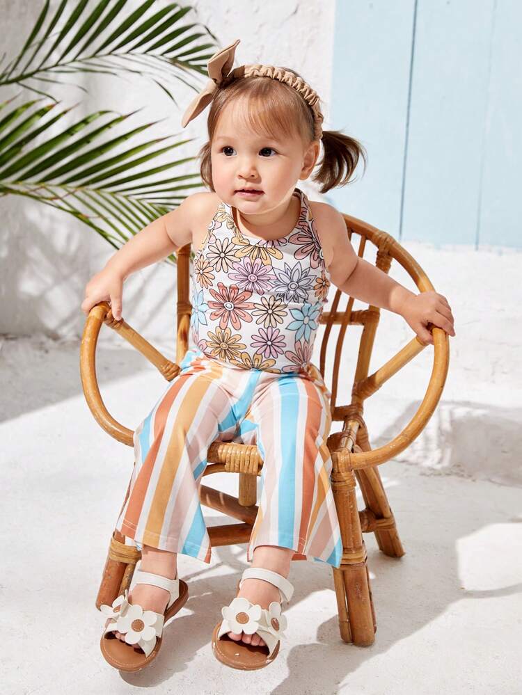 Baby Girl Summer Vacation Floral Print Halter Top With Striped Flared Pants And Headband Set