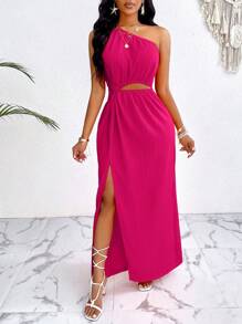 VaVaBold Solid Color Asymmetrical Collar One Shoulder Cutout Knot Split Thigh Drawstring Summer Women Beach Dress