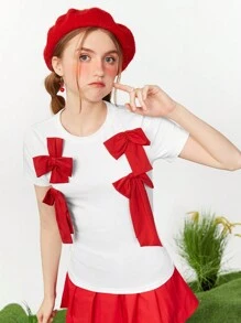 SHEINNeu TOMOTO GIRL Women's Red BOW Summer T-Shirt - White - View 4