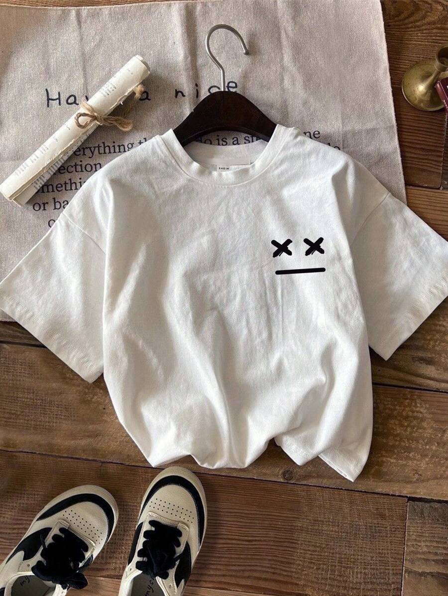 SHEIN Camiseta de cuello redondo de manga corta con gráfico minimalista casual para niño, de algodón, adecuada para el verano - Blanco - Ver 1