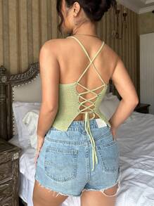 Lunelith SHEIN Lunessa Women's Solid Color Drawstring Knitted Camisole Top