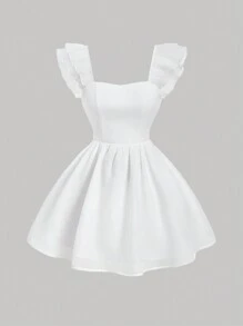 SHEIN MOD Women's Sweet Princess Style White Mini Flutter Sleeves Dress With Bowknot Decoration - White - View 2
