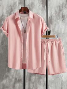 Manfinity Homme Men's Fashion Solid Color Short Sleeve Shirt And Shorts Casual 2pcs/Set - Dusty Pink - View 1