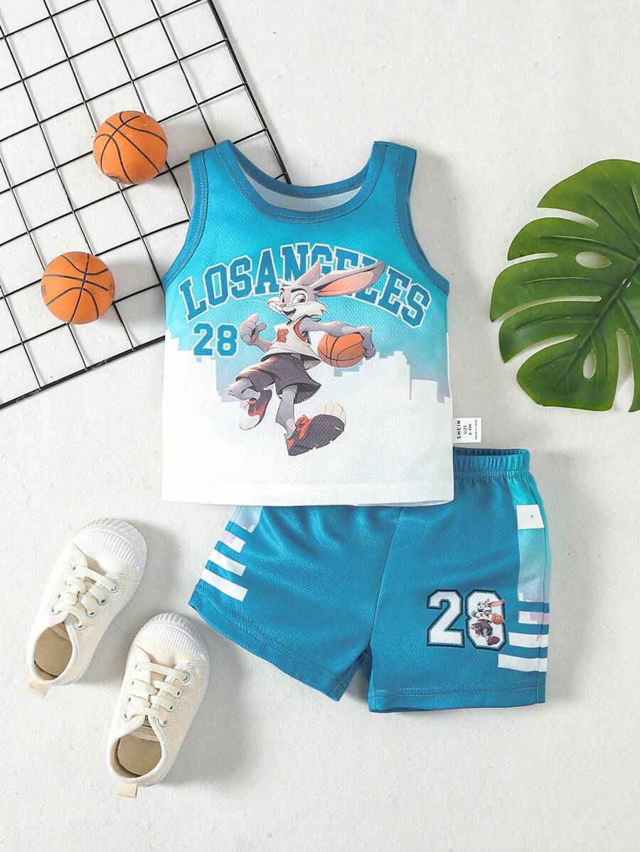 男婴夏季卡通字母印花无袖上衣和短裤套装 - 彩色 - 查看 1