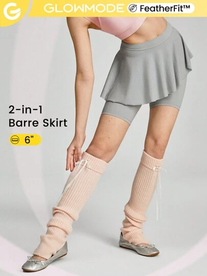 GLOWMODE 6" FeatherFit™ 2-In-1 Mesh Skirted Ballet Biker Shorts Light Support Low Impact Dance Studio Daily