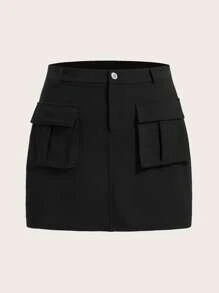 SHEIN EZwear Plus Size Workwear Style Knit Elastic Waist Skirt With Covered Pockets - Black - View 1