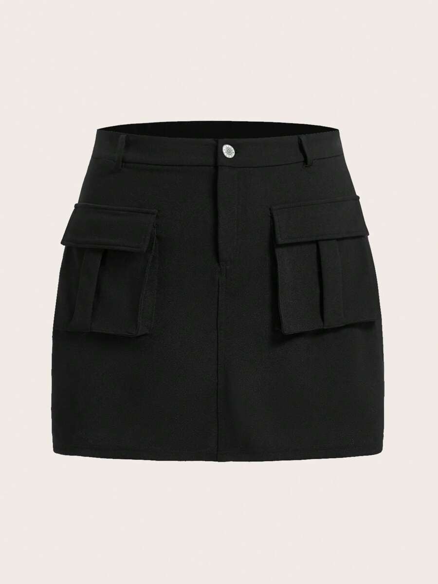 SHEIN EZwear Plus Size Workwear Style Knit Elastic Waist Skirt With Covered Pockets - Black - View 1