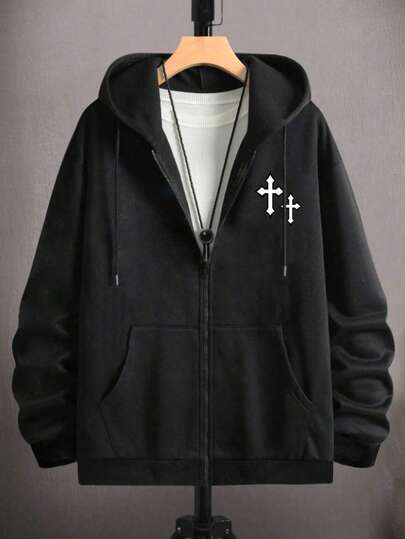 Manfinity LEGND 1個 メンズ ルーズフィット グラフィックプリント ジップアップパーカー ドローストリング付き、ジッパー付き ベーシック 長袖 パーカー付きスウェットシャツ、友人、夫、彼氏へのギフトに、秋向け