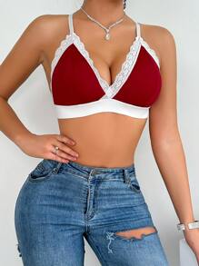 Women's Comfortable & Breathable Triangle Cup Bra With Lace Trim & Wire-Free Design - Burgundy - View 5