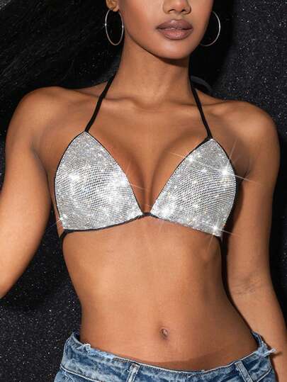 Swim SXY Summer Beach Sequin Decor Halter Neck Backless Crop Halter Cover Up Top